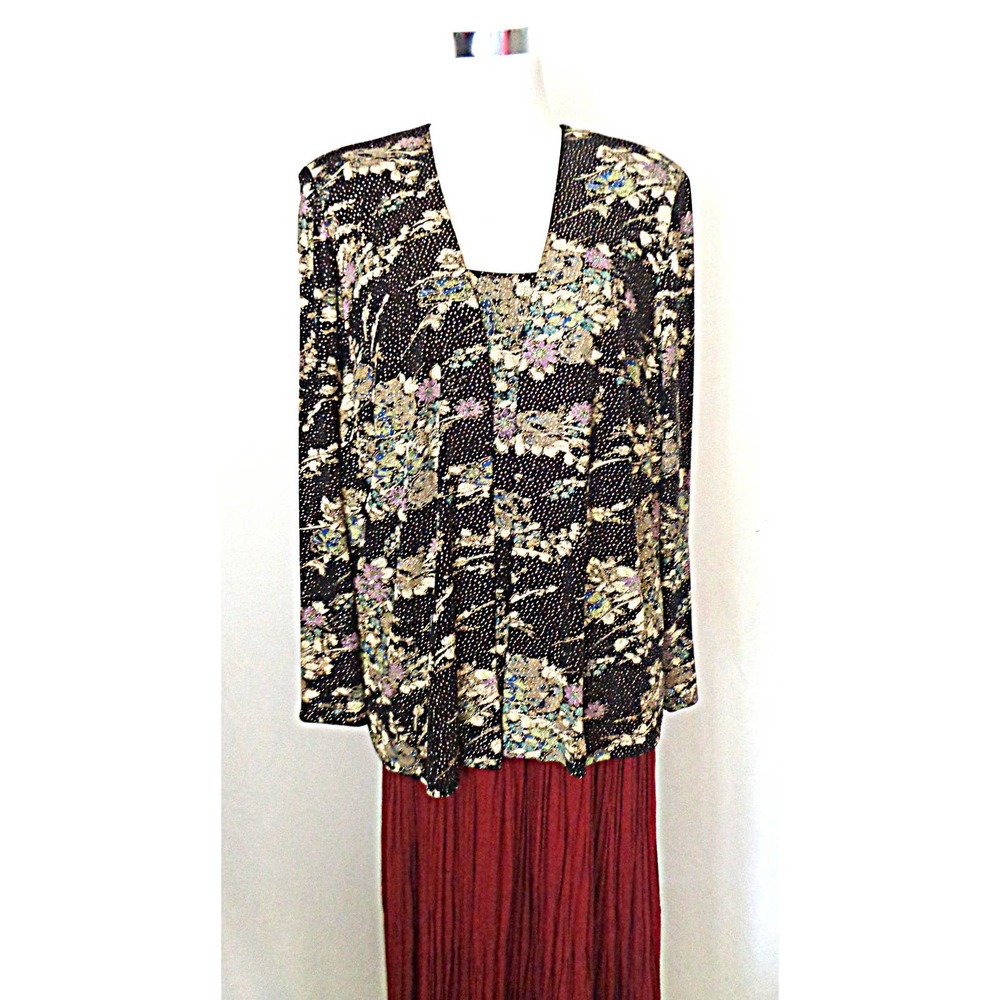 Alex Evenings Floral Gold Sparkles Black Tank /Jacket Set 2X